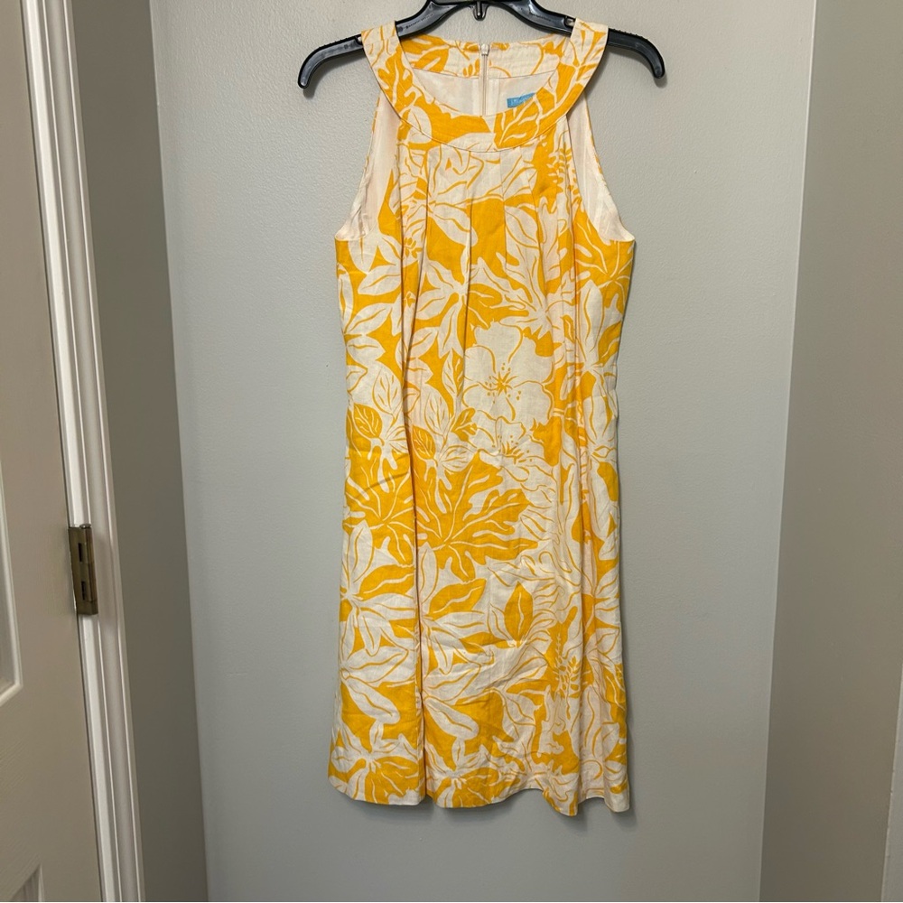 J. McLaughlin Floral 100% Linen Halter‎ Dress Yellow White Size 4 Lined Sundress